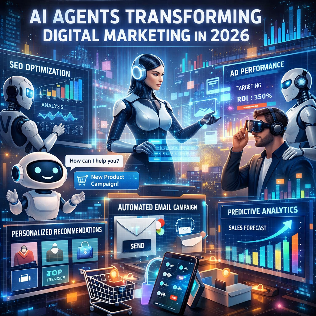 AI agents optimizing SEO, ad performance, personalized recommendations, automated email campaigns, and predictive analytics